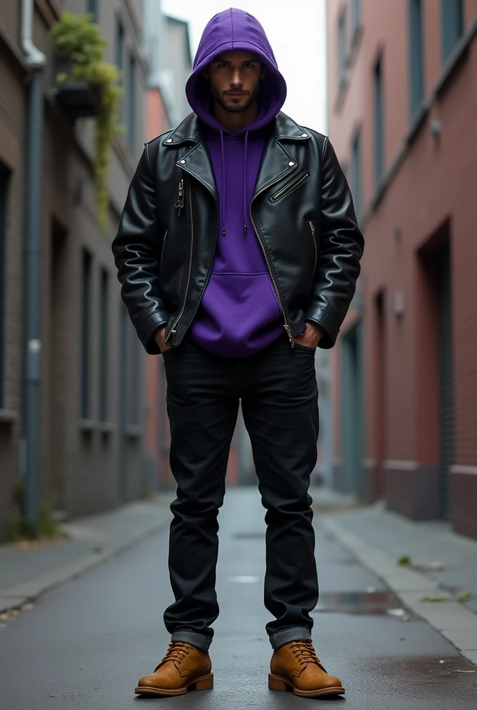 Man in short black leather jacket, under a deep violet hooded sweatshirt, black jeans and camel-colored shoes 