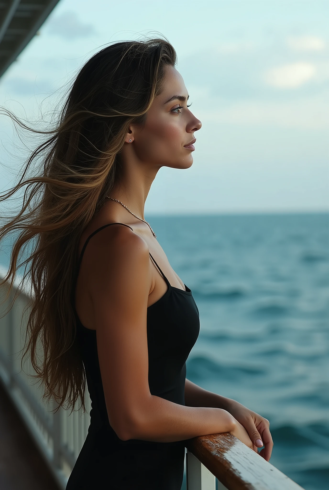 One person, Long Hair, Highest quality, profile,Ocean,Ship deck