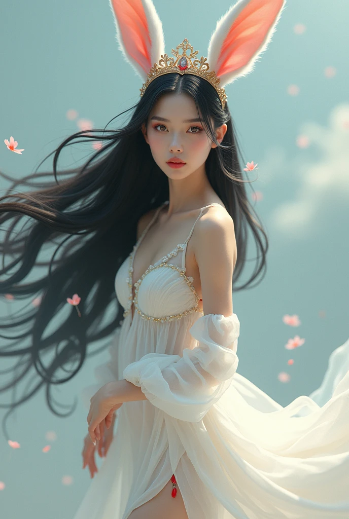 Girl with white bunny ears with queen crown, have black hair without bangs, beautiful tender face, model body, white dress with red