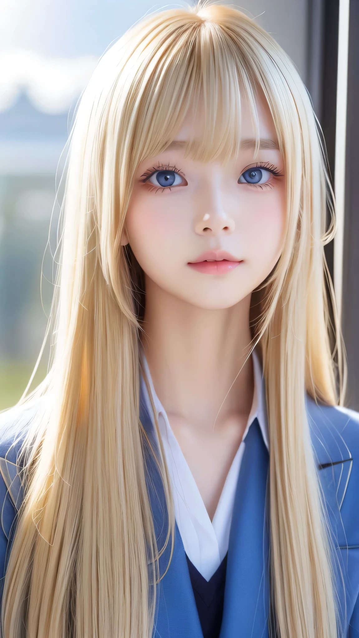 Super long silky shiny metallic butter blonde hair、Cute beautiful girl with sexy messy bangs、Hair above the eyes、片Hair above the eyes、Hair between the eyes、uniform、Super long beautiful blonde hair、Beautiful bangs between the eyes、Very beautiful cute face、Cute beautiful gentle expression、high school girl、Very beautiful bright light sky blue big eyes、Small Face Beauty、Round face、Snow-white glossy skin、