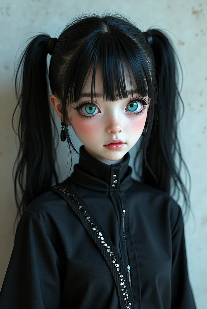 Goth with pigtails and pigtail hair. giant neckline, 30 cm high. blue eyes. pale and white skin.