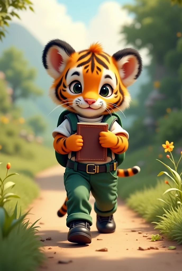 Baby tiger walking to school with book,long green pants, White shirt, black belt and black shoes