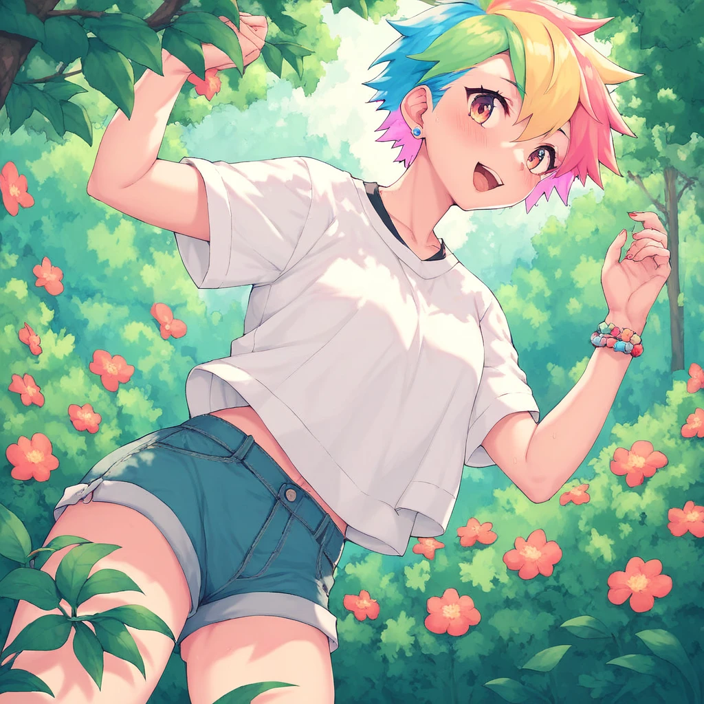  with colorful hair playing in a flowery forest, pastel colors, manga