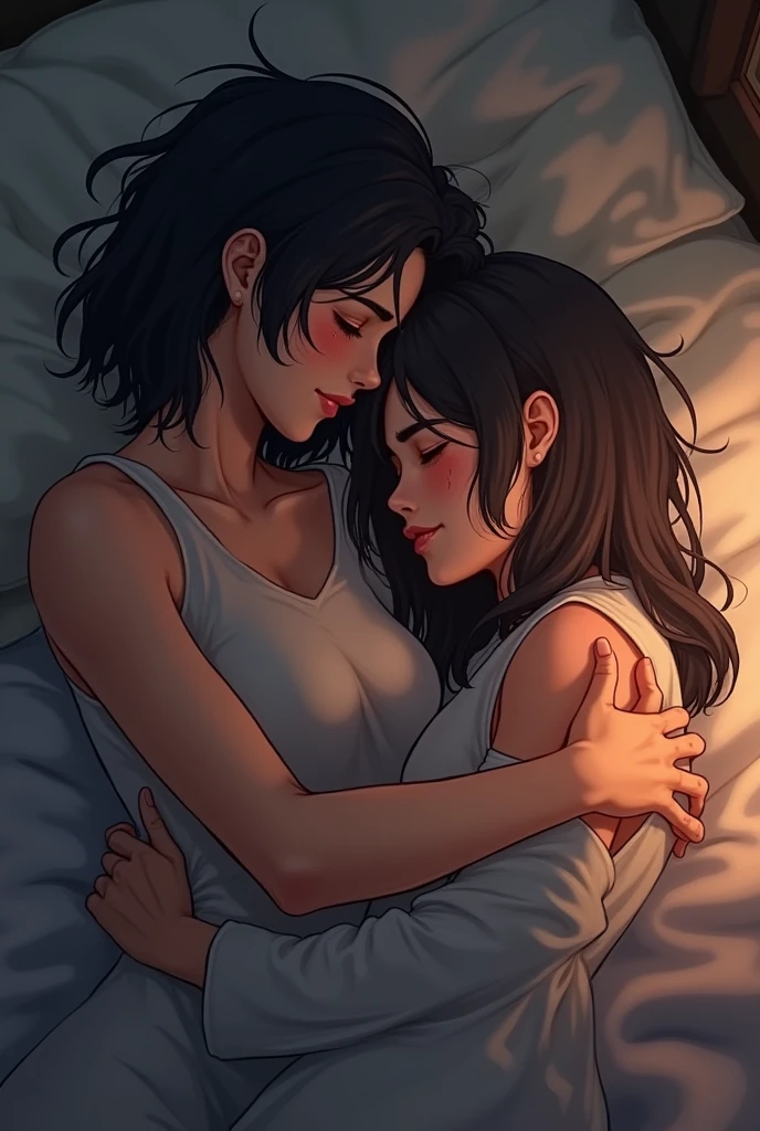 Amazing portait of a hot next door neighbour with her hair tied in a messy bun wearing an off shoulder checked olive green shirt that is unbuttoned and oversized kissing and making out passionately with her male neighbour on her bed in an intimate setting