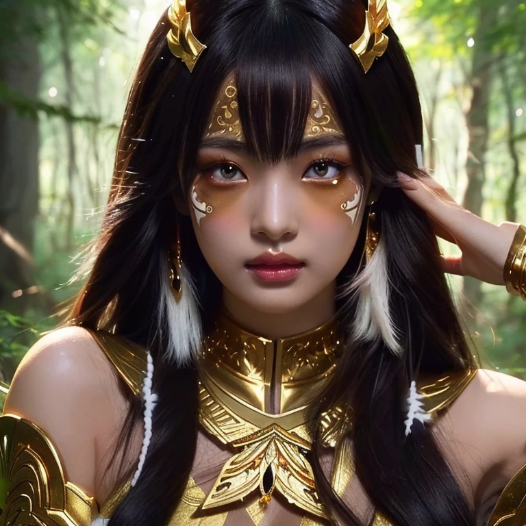 anime girl with white face paint and golden jewelry in the forest, fantasy art style, dark skinned female goddess of love, beautiful avatar photos, rossdraws | tanned skin, epic fantasy art style, brunette anime manga girl, :: rossdraws, artgerm y rossdraws, rossdibuja 2. 5, digital anime illustration, extremely detailed artistic germ