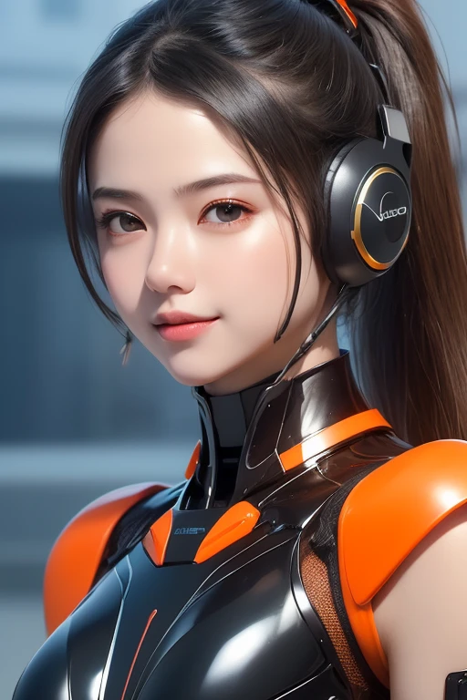 Top Quality, Masterpiece, Ultra High Resolution, (Photorealistic: 1.4), Raw Photo, 1 Girl, Black Hair, Glossy Skin, 1 Mechanical Girl, (((Ultra Realistic Details)), Portrait, Global Illumination, Shadows, Octane Rendering, 8K, Ultra Sharp, Intricate Ornaments Details, realistic skin, sweat effect, ((wearing Headphone)), very intricate detail, realistic light, CGSoation trend, brown eyes, glowing eyes, matte black and glossy orange mechanical bodysuit, Long hair, black hair, Ponytail hair, full body shot, spaceship bridge background, dynamic pose, cute smile, close up,