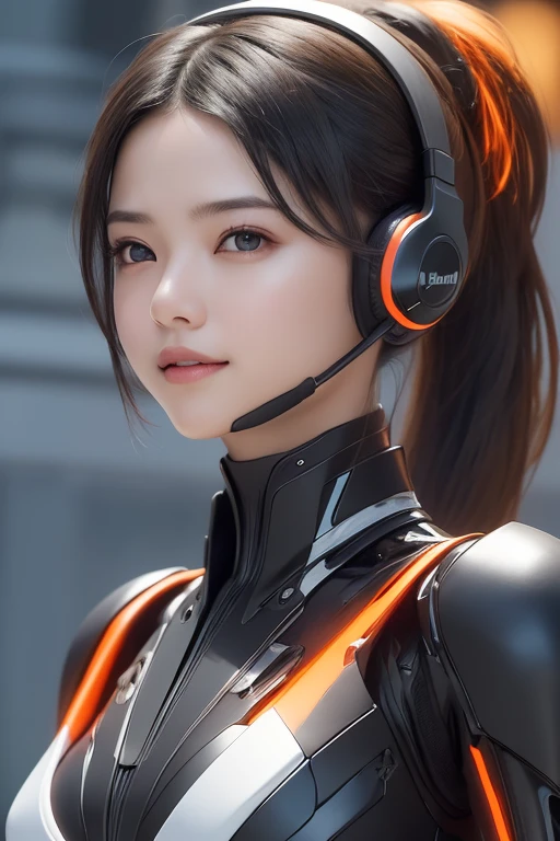 Top Quality, Masterpiece, Ultra High Resolution, (Photorealistic: 1.4), Raw Photo, 1 Girl, Black Hair, Glossy Skin, 1 Mechanical Girl, (((Ultra Realistic Details)), Portrait, Global Illumination, Shadows, Octane Rendering, 8K, Ultra Sharp, Intricate Ornaments Details, realistic skin, sweat effect, ((wearing Headphone)), very intricate detail, realistic light, CGSoation trend, brown eyes, glowing eyes, matte black and glossy orange mechanical bodysuit, Long hair, black hair, Ponytail hair, full body shot, spaceship bridge background, dynamic pose, cute smile, close up, 