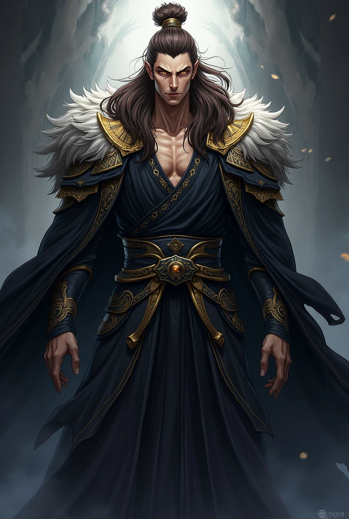 An anime character, Brown man, Cao Cao, big white hair, Golden pupils, white eyelashes, golden eyebrows, dark or black clothes with gold or silver details