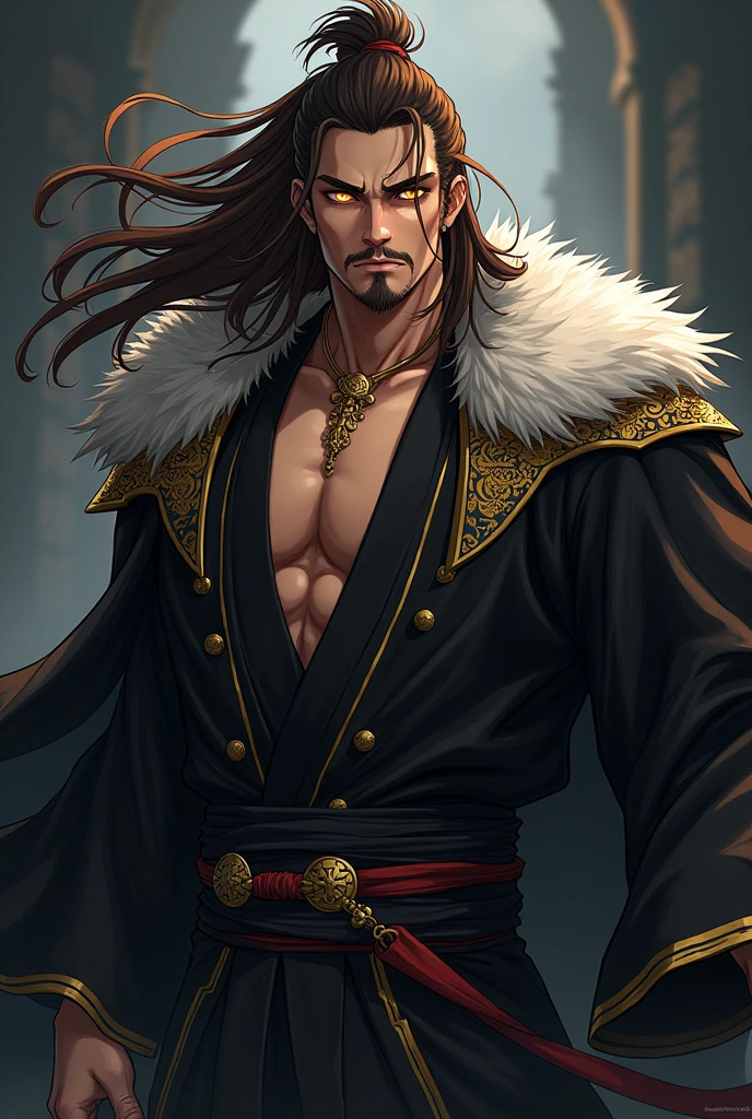 An anime character, Brown man, Cao Cao, big white hair, Golden pupils, white eyelashes, golden eyebrows, dark or black clothes with gold or silver details