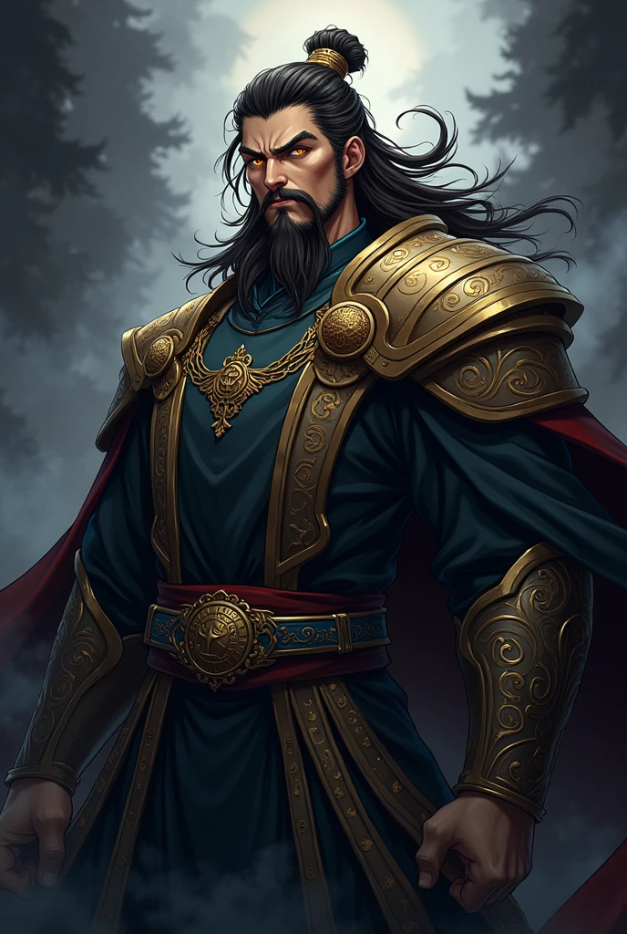 An anime character, Brown man, Cao Cao, big white hair, Golden pupils, white eyelashes, golden eyebrows, dark or black clothes with gold or silver details