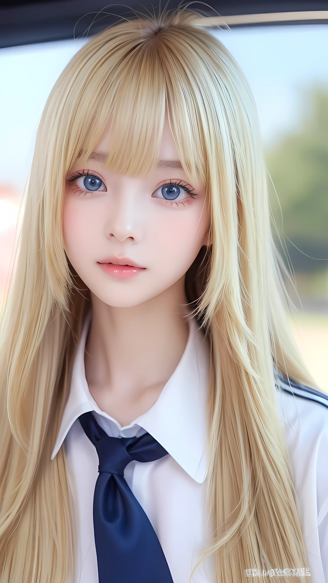 Super long silky shiny metallic butter blonde hair、Cute beautiful girl with sexy messy bangs、Hair above the eyes、片Hair above the eyes、Hair between the eyes、uniform、Super long beautiful blonde hair、Beautiful bangs between the eyes、Very beautiful cute face、Cute beautiful gentle expression、high school girl、Very beautiful bright light sky blue big eyes、Small Face Beauty、Round face、Snow-white glossy skin、