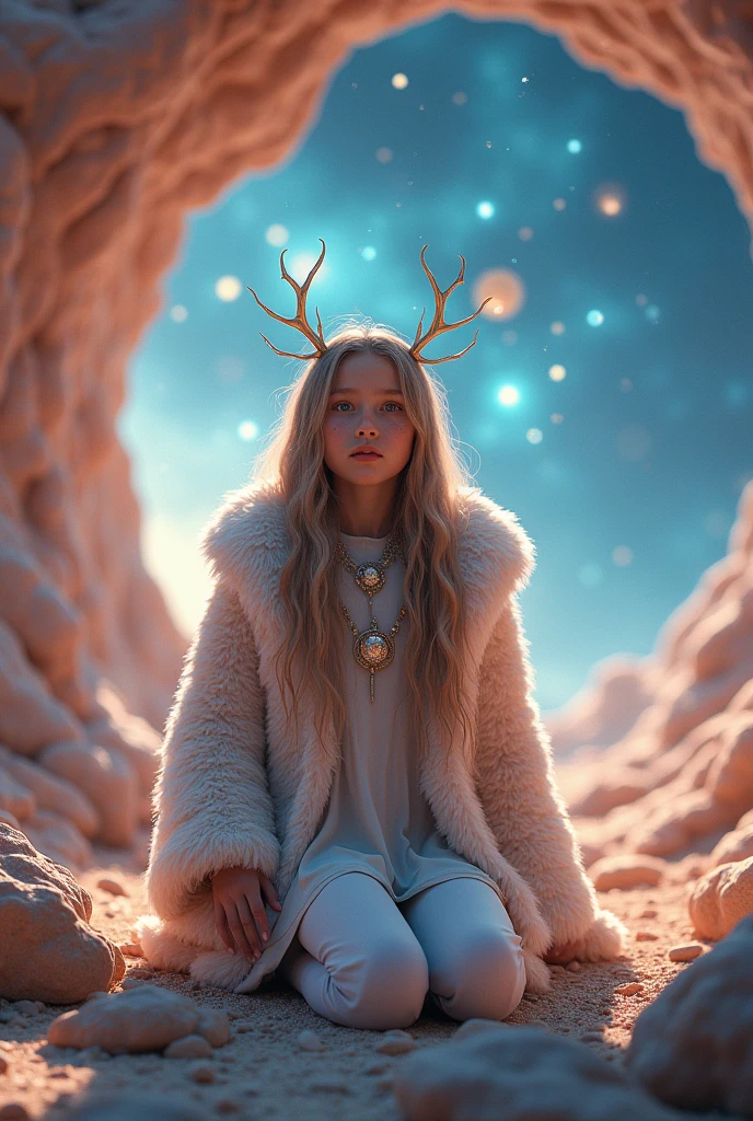 plano general, whole body:1.3, Young Girl from the stars, (shimmering fur), heavenly antennas, shell oF wonder, Planetary dreamscape, (cosmic enchantment), surreal art, Vibrant and alien palette, On knees, plano general, f/1.8, bokeh