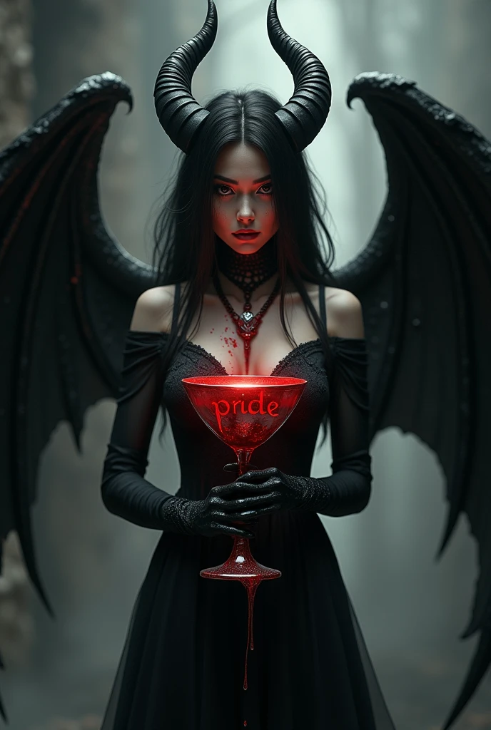 a demon woman with angel wings, black and slit eyes, your eyes are evil, and she holds a chalice where the blood-colored liquid reflects the words: pride.. she drinks the liquid that overflows over her face and body