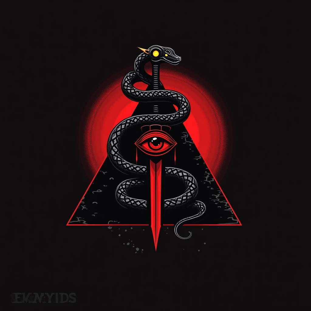 Create a logo, Pyramid with an eye in its center, snake coiled around the pyramid. Use colors are black and red. that's all, with nothing in the background. The snake has its head on top of the top of the pyramid.. A sword pierces the pyramid.