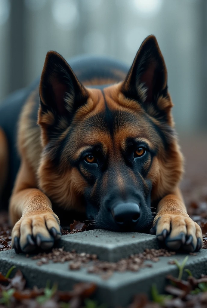 German Shepherd Dog,  thrown on top of grave, with a sad face 