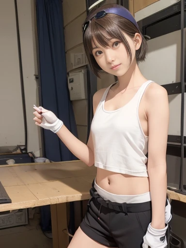 Japanese female, (underweight), (flat chest best quality:1.5), 30 years old, (mechanic girl:1.1),(tank top:1.2), fingerless gloves, goggles on headwear,short pants,short hair,(knee pads:1.2),cleavage,large breasts,