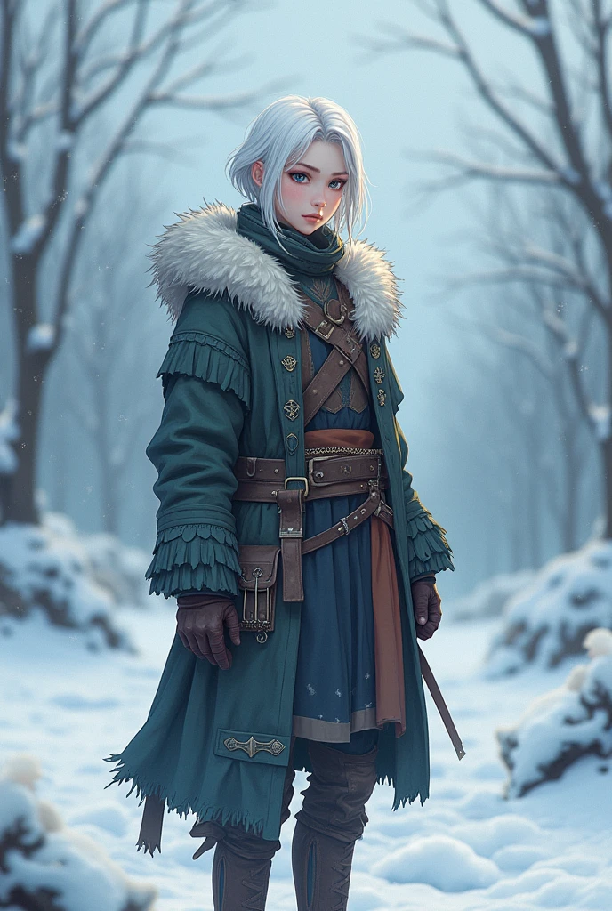 Genderfluid, more feminine, less masculine, indigenous norse clothes with fur, tall, short white hair, female asian face, in cold climate, wide hips, narrow shoulders, digital anime artstyle