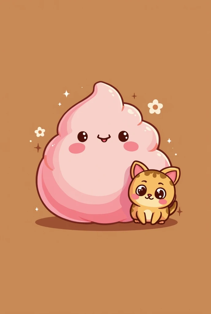 Create a logo that says MochiGom, have a pink mochi with a face in the center and a cartoon-style tortoiseshell kitten, and also have a brown background.