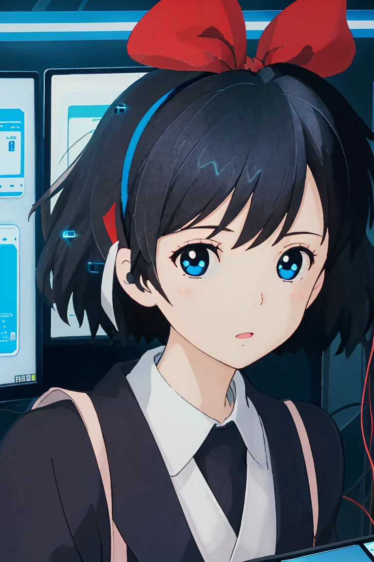 (Highest quality, High resolution, masterpiece:1.2), Very detailed, Realistic:1.37, (Perfect Anatomy),1 person,Cowboy Shot,Full body portrait,,Woman close up, Cute and perfectly beautiful Japanese idols, (face of kiki:1.3)、(black hair ribbon:1.5),Transform into a cute cyborg,, (blue led eyes:1.3), (White bioacrylic body:1.2), ,,Detailed connection lines, Wires and cables connected to the head, cybernetics, Cyber 3 Inc., Intricate decorative details, The background is the interior of a robotic operating room..,,Monitor screen,
