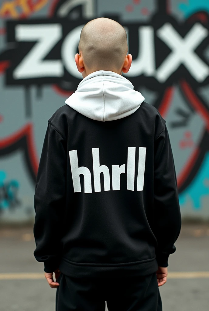 Make a -yeld wh, bald person with a white scarf on his head and wearing black clothes dressed in a hip-hop style, who is standing with his back graffitied with the word "zoux" on a wall and on the child's bays in white letters " hhrll" 