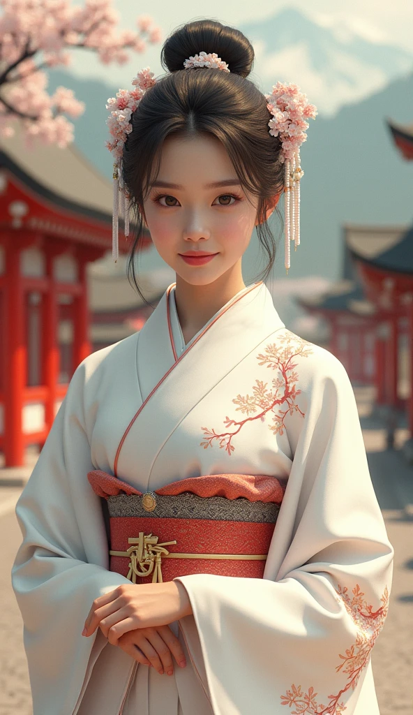 A beautiful young woman wearing brightly colored Japanese clothing、A charming expression、A peerless beauty created by CG、White Japanese clothing、Full Body Shot、background、Shrines and temples、Ukiyo-e style Japanese painting、