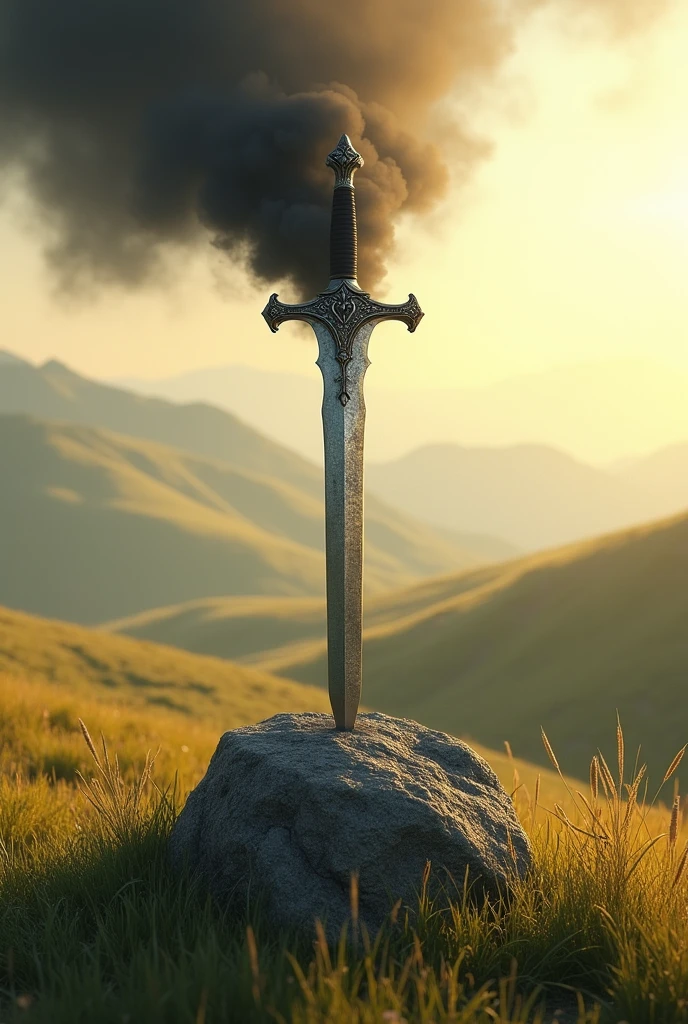 masterpiece、Highest quality、Very detailed、Ultra-high resolution、middle ages、Sword stuck in a rock、sunny、grassland、Black smoke aura of death