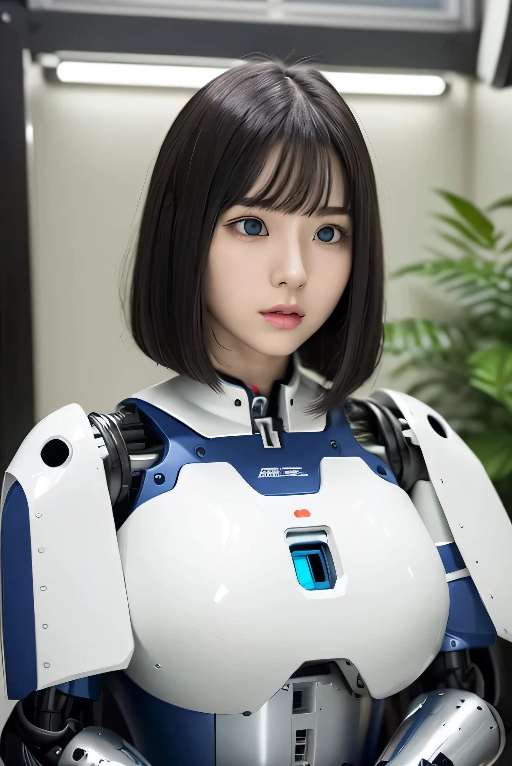 masterpiece, best quality, extremely detailed, Japaese android girl,portrait,Plump,a bit chubby,control panels,android,Droid,Mechanical Hand, Robot arms and legs, Black hair,Blunt bangs,perfect robot girl,long tube,thick cable connected her neck,android,robot,humanoid,cyborg,japanese cyborg girl ,robot-assembly plant,She is assembling now,assembly scene,blue eyes,chest monitor,hypnosis,blank eyes,bob cut