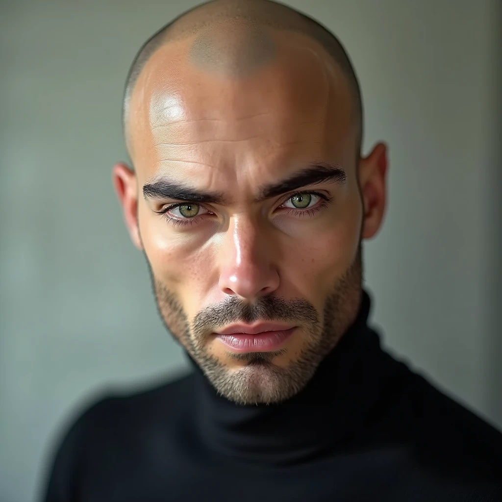 Handsome cool bald man around 30 years old white skin green eyes