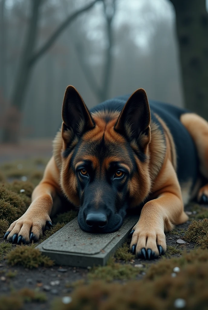 German Shepherd Dog,  thrown on top of grave, with a sad face 