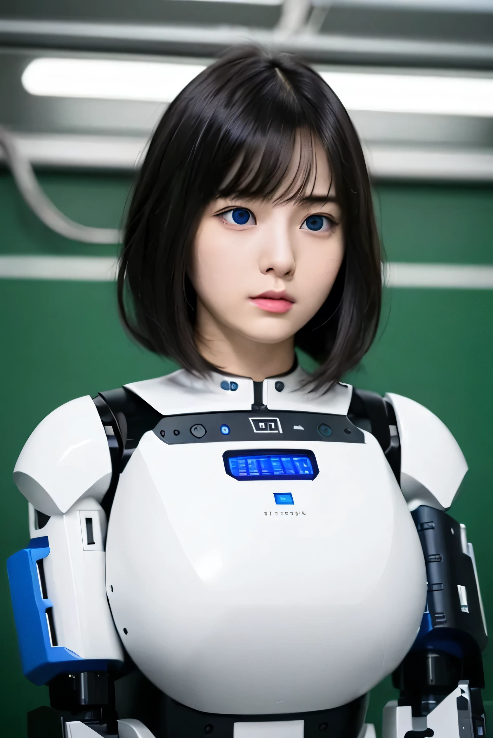 masterpiece, best quality, extremely detailed, Japaese android girl,portrait,Plump,a bit chubby,control panels,android,Droid,Mechanical Hand, Robot arms and legs, Black hair,Blunt bangs,perfect robot girl,long tube,thick cable connected her neck,android,robot,humanoid,cyborg,japanese cyborg girl ,robot-assembly plant,She is assembling now,assembly scene,blue eyes,chest monitor,hypnosis,blank eyes,short hair
