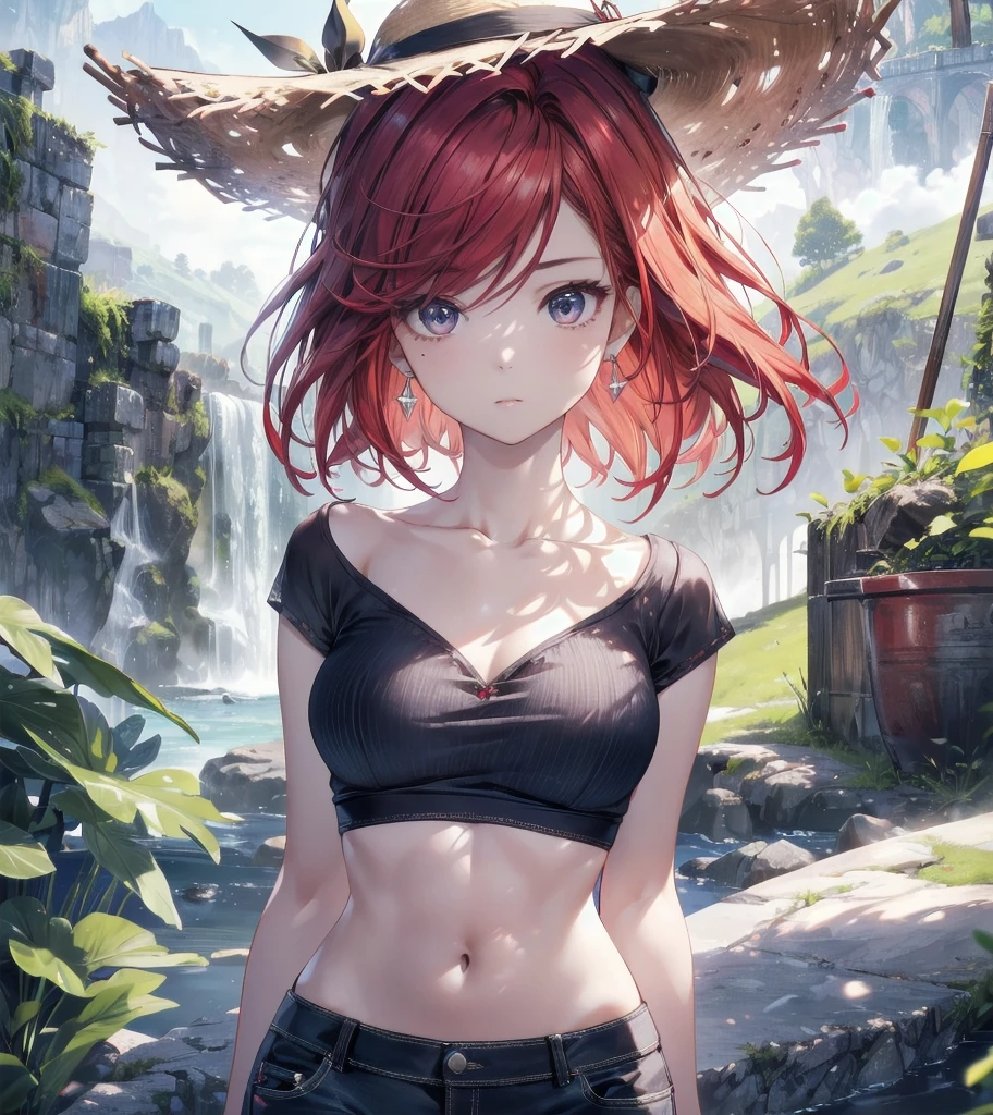 absurdres, RAW photo, extremely delicate and beautiful, masterpiece, Highest Quality, ultra high resolution, 32k, hyperrealistic, realistic, photorealistic, photo-realistic, Real, ultra-detailed, Very detailed CG 8k wallpaper, detailed background, landscape, Beautiful Lighting, Perfect Lightning, Realistic Shadows, perfect anatomy, anatomically correct, ideal ratio body proportions, perfect figure, Perfect Style, Perfect balance, super Detailed skin, in her 30s, very Slim body, narrow waist, very small head, very small face, delicate facial features, handsome detailed woman, very detailed eyes and face, realistic face proportions, Realistic beautiful face, Realistic beautiful eyes, tearful mole, earring, whole body shot, very huge round tits, medium hair, asymmetrical hair, red hair, blouse, bare collarbone, midriff, shorts, straw hat,