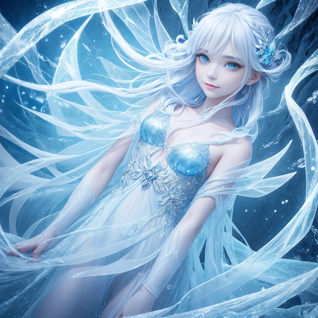 (long shot photo:1.5)wood, Exquisite mini ice spikes and crystals, Frozen waterfall in the background, Light reflected by ice crystals, Flowing snowflakes.1 girl, Beautiful woman、pretty girl,A realistic person,Beautiful cleavage,((small breasts))

