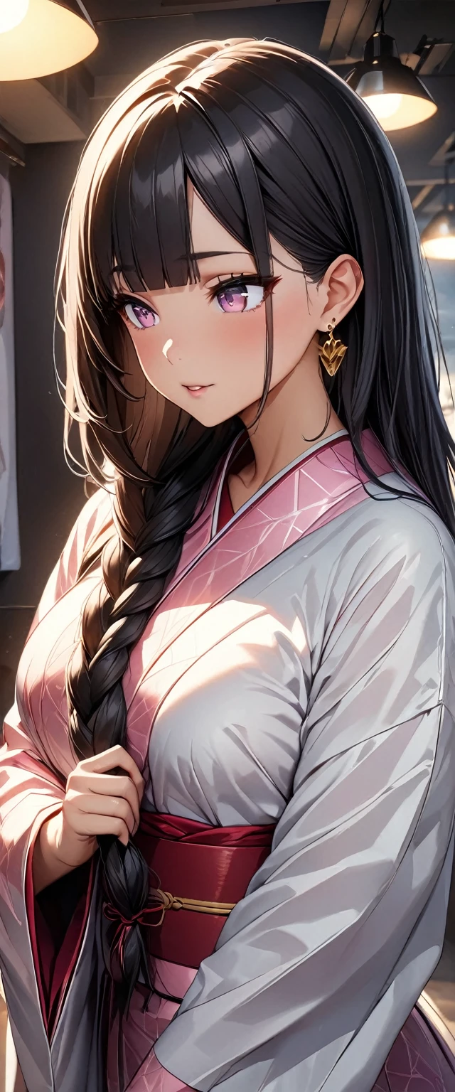(Perfect Anatomy)、Mastepiece、Ultra High Quality、 8k、masterpiece、Highest quality、Ultra-high resolution、Maximum resolution、Very detailed、Professional Lighting、anime、Adult female、thin、so beautiful、Highly detailed eye、Highly detailed face、Golden earrings、Black Hair,、Pink eyes, , Braiding、Straight bangs、kimono、Random Pause