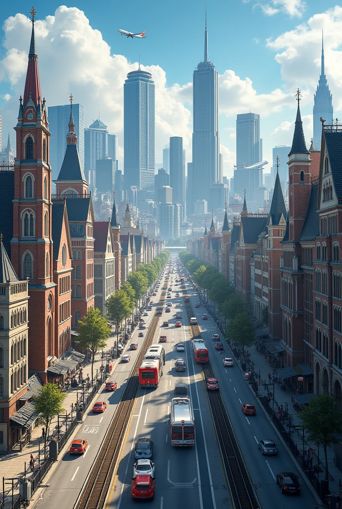 A modern city with several buildings (modern buildings), baroque churches (in parts of the city), houses, storefronts, railway stations and railways, vehicles passing by, an airport and planes passing by.