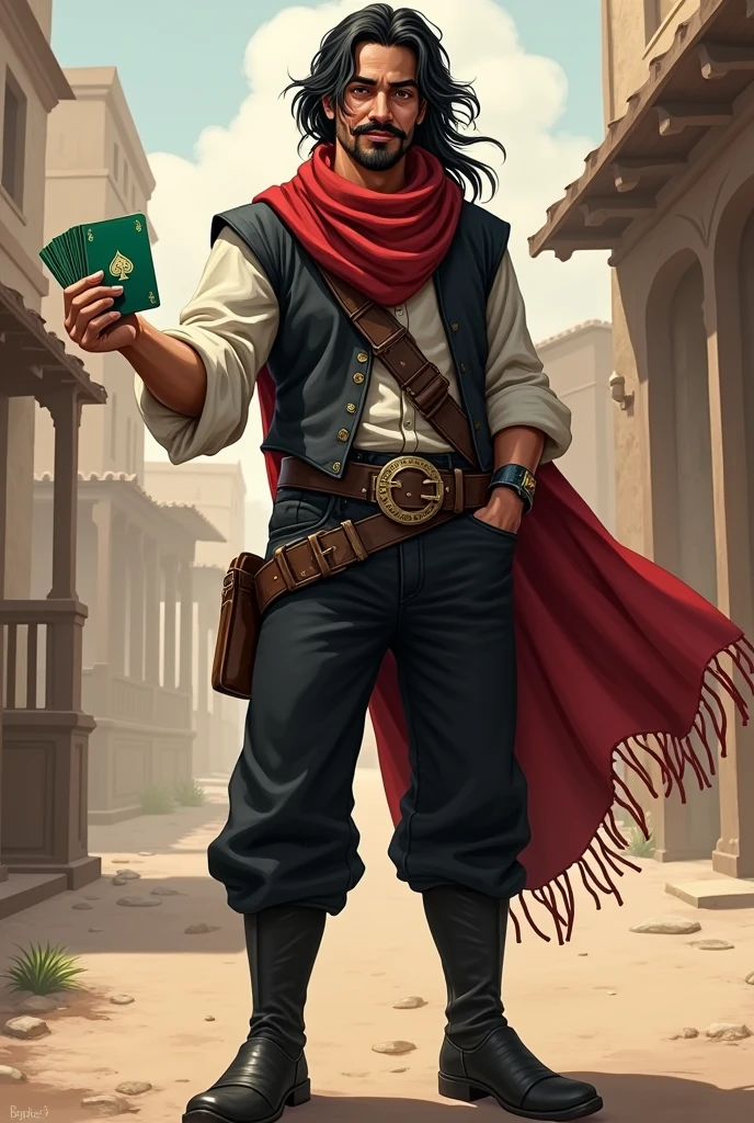 He is a well-groomed Mexican peddler with long, messy dark hair and a well-groomed mustache and goatee. He is 5'9" tall and wears a dark vest and a plain white shirt. He wears a black hat. He has black pants with a buckle and black boots. A red scarf is wrapped around his neck. He holds a green deck of cards in one hand, while the other hand is in his pocket. He is a cheerful individual who radiates power, but is very kind. The character is to be styled in a fantasy RPG art style, set in the Old West. He is mature.