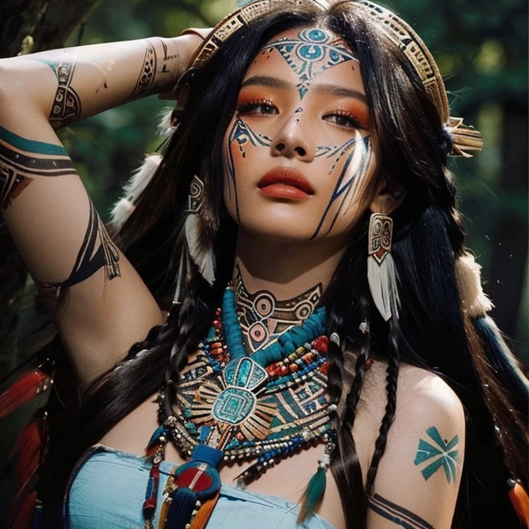A close-up of a woman with paint marks like the indigenous people, aztec princess portrait, bohemia chic | | very lively!!!, beautiful avatar photos, a young shaman, gothic maiden shaman, anime tribal boy with long hair, Beautiful lady, a beautiful sorceress, Beautiful necromancer girl, Aztec warrior goddess, beautiful comic art, : Native American Shamen Fantasy