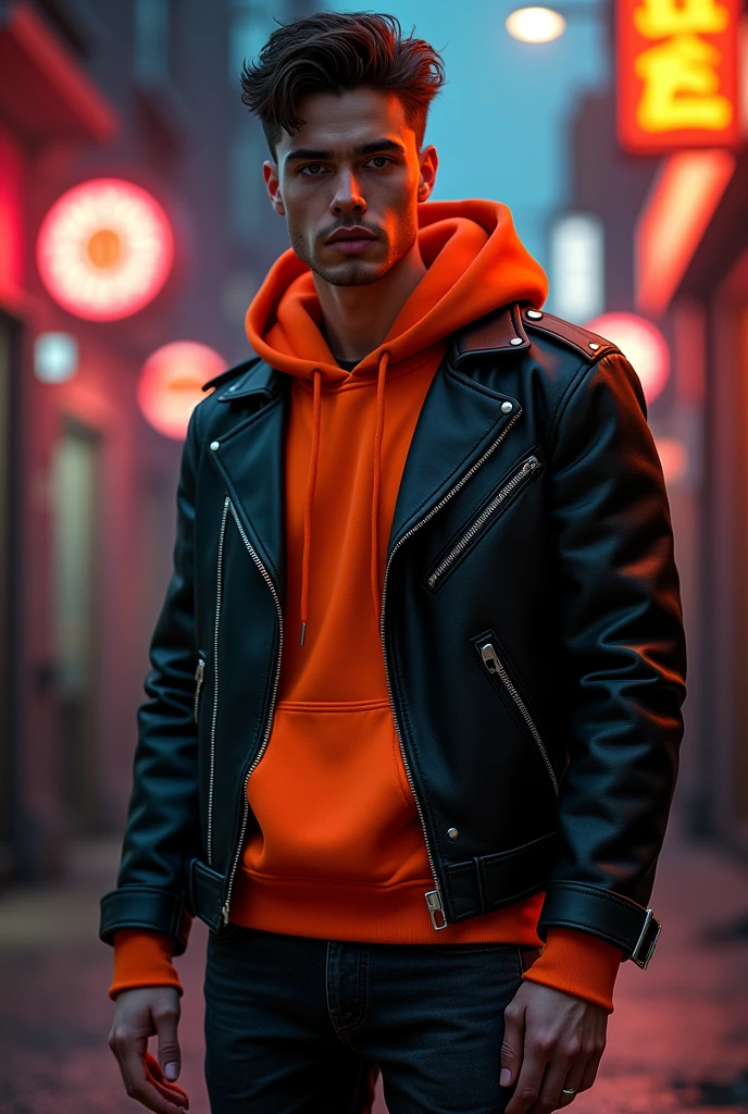 Man in short black leather jacket, under neon orange hooded sweatshirt, black jeans and camel-colored shoes