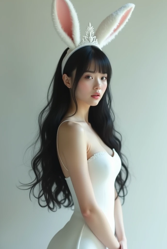 Girl with white bunny ears with queen crown, have black hair without bangs, beautiful tender face, model body, Sexy white dress, whole body