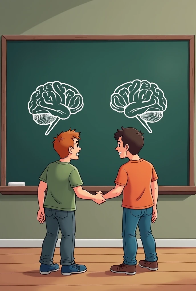 Cartoon of two adult men a friend leading his friend to a blackboard where two brains are drawn. One is normal, and the other has missing pieces