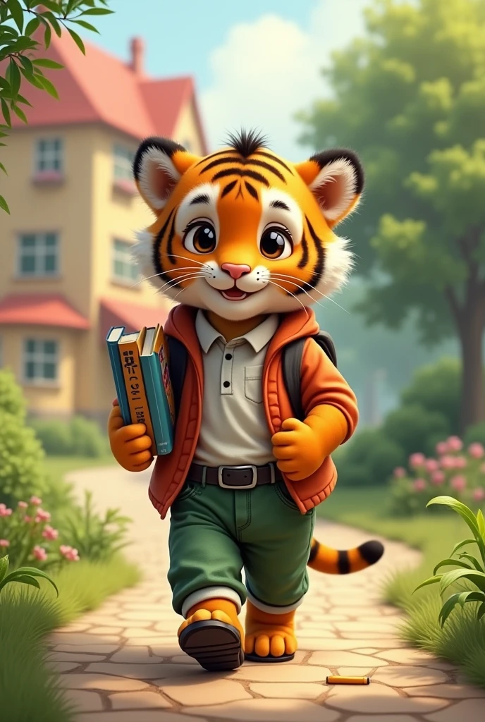 Baby tiger walking to school with books,long green pants, White shirt, black belt and black shoes
