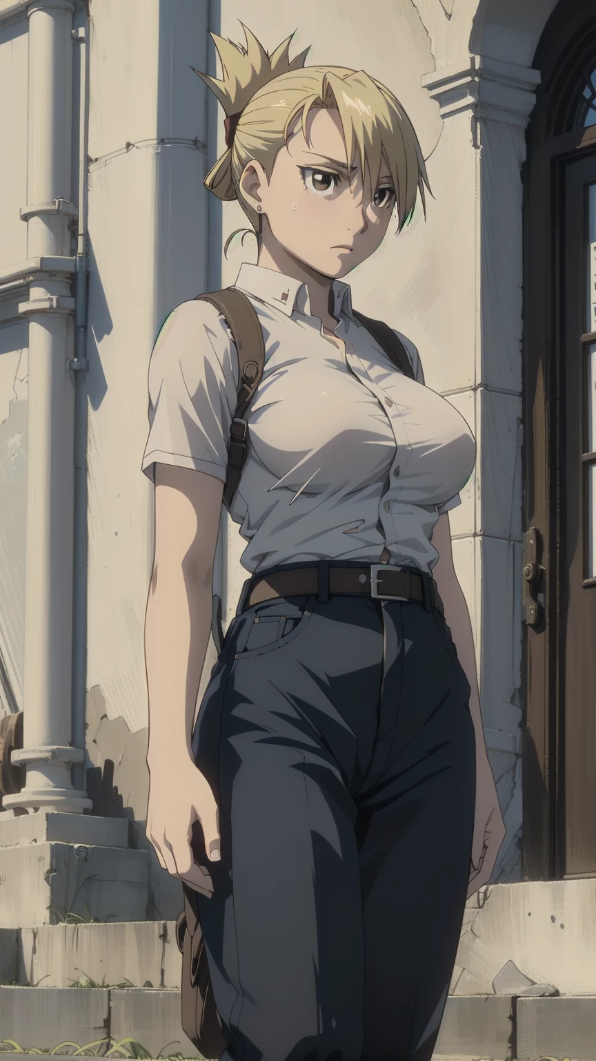 masterpiece, highest quality, High resolution, One Girl, Hamriz, ponytail, Brown eyes,Big Breasts、Brown Inner、Tight shirt, holster, Short sleeve, belt, Covered navel, Blue pants、Shadow、What&#39;s left behind,Outdoor、Upper body close-up、Muscular body、blush、Sweat、Composition from the front、anime、(((Torn clothes、Cover your body with your hands、Exposing one breast、真Composition from the front、Sweat、Embarrassing、blush、Upper body close-up、Close-up of a person、Pussy Line、、audience)))
