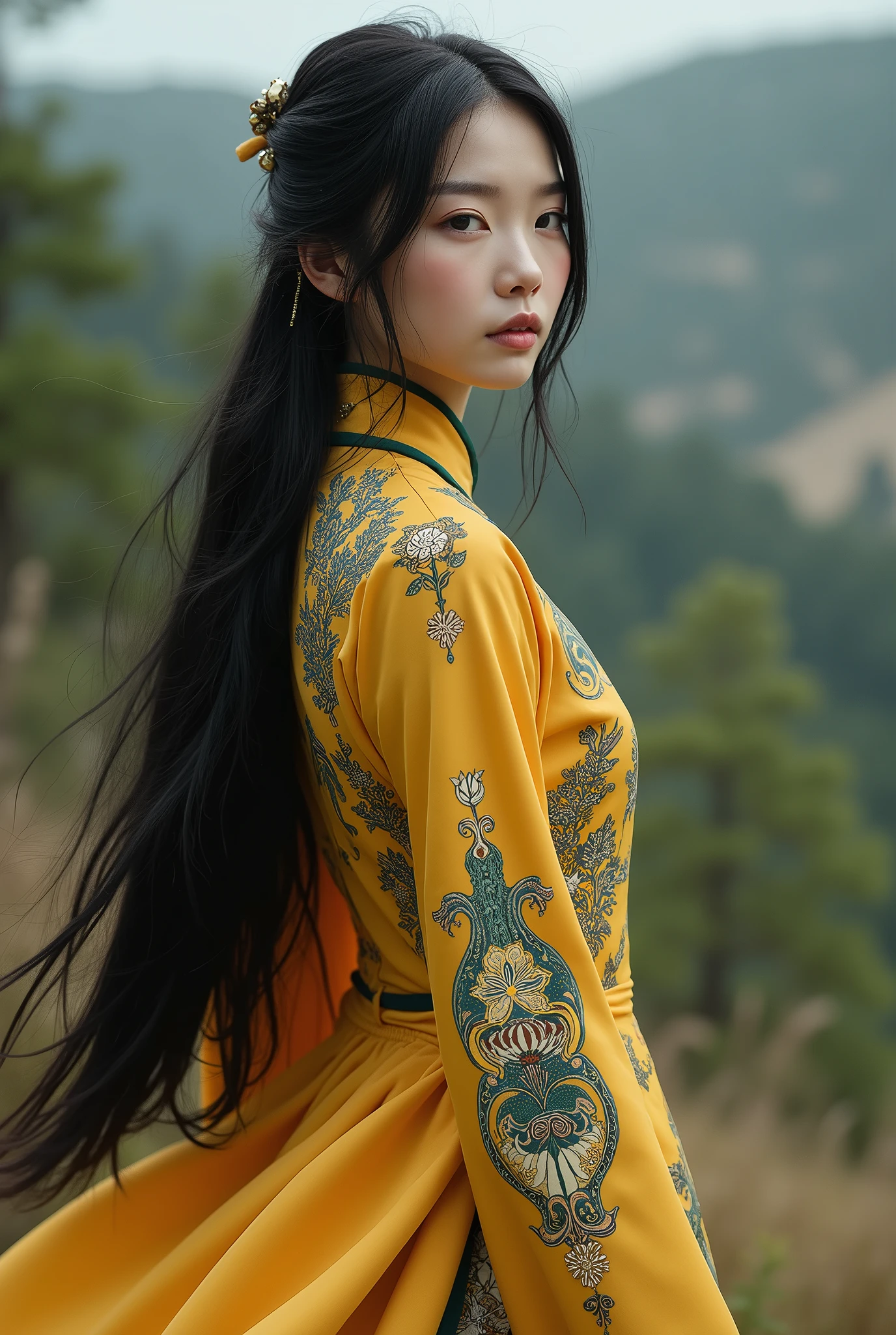 Chinese Cheongsam,Tang Sancai style,girl,Northern Europe,White skin,Extra long hair,Black Hair,Straight Hair
