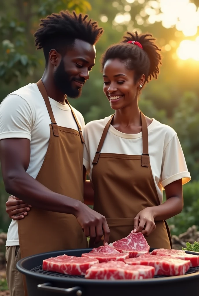 black man and a black woman wearing brown apron with white tshirtd standing next to the braai area with raw meat infront of them in the afternoon