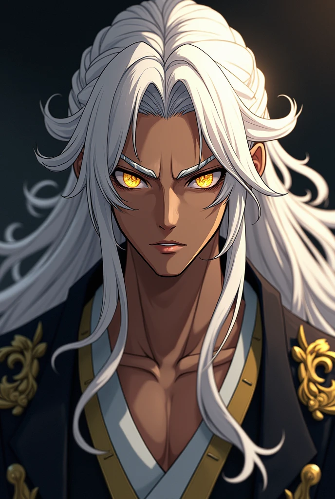 An anime character, Brown man, Cao Cao, long white hair, Golden pupils, white eyelashes, golden eyebrows, dark or black clothes with gold or silver details