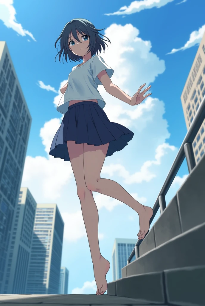 1 girl, oshi no ko, ai hoshino, stepping,(pov from below:1.3), stepped on, pov, low angle, no shoes, feet, looking down, toes, one foot out of frame, leg lift, foot focus, barefoot, standing on one leg, depth of field, outdoors,( foreshortening:1.2), building, city, sky, cloud, giantess, mega size, masterpiece, best,stiky feet