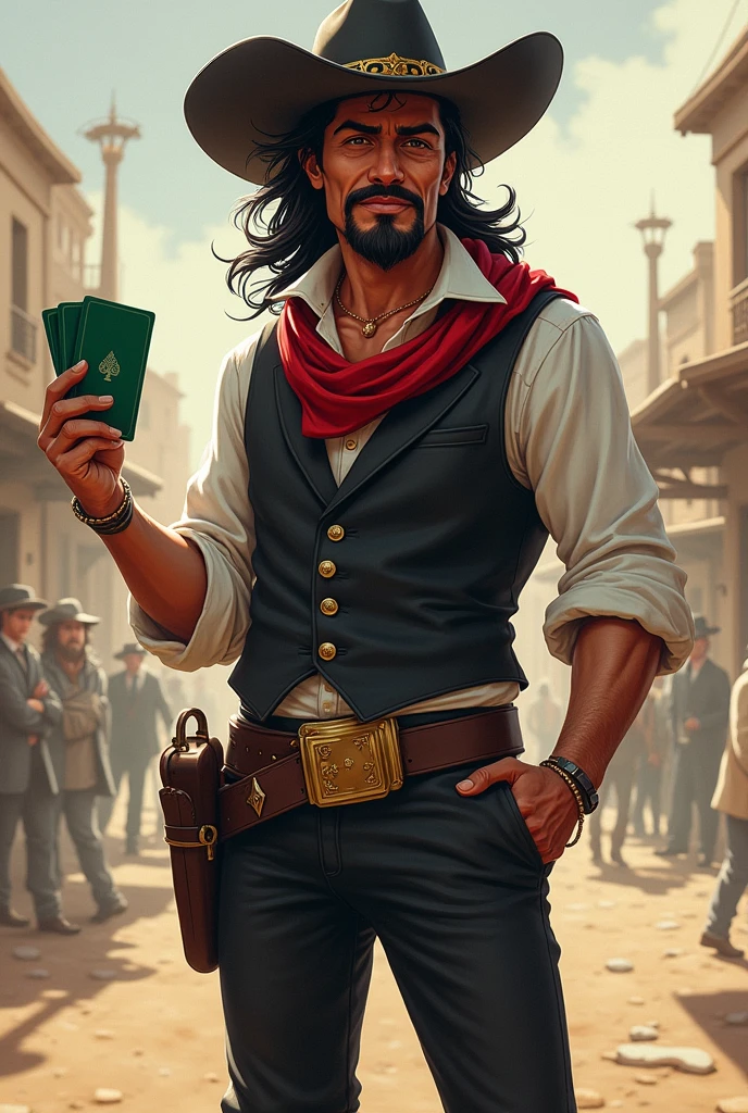 He is a well-groomed Mexican peddler with long, messy dark hair and a well-groomed mustache and goatee. He is 5'9" tall and wears a dark vest and a plain white shirt. He wears a black hat. He has black pants with a buckle and black boots. A red scarf is wrapped around his neck. He holds a green deck of cards in one hand, while the other hand is in his pocket. He is a cheerful individual who radiates power, but is very kind. The character is to be styled in a fantasy RPG art style, set in the Old West. He is mature.