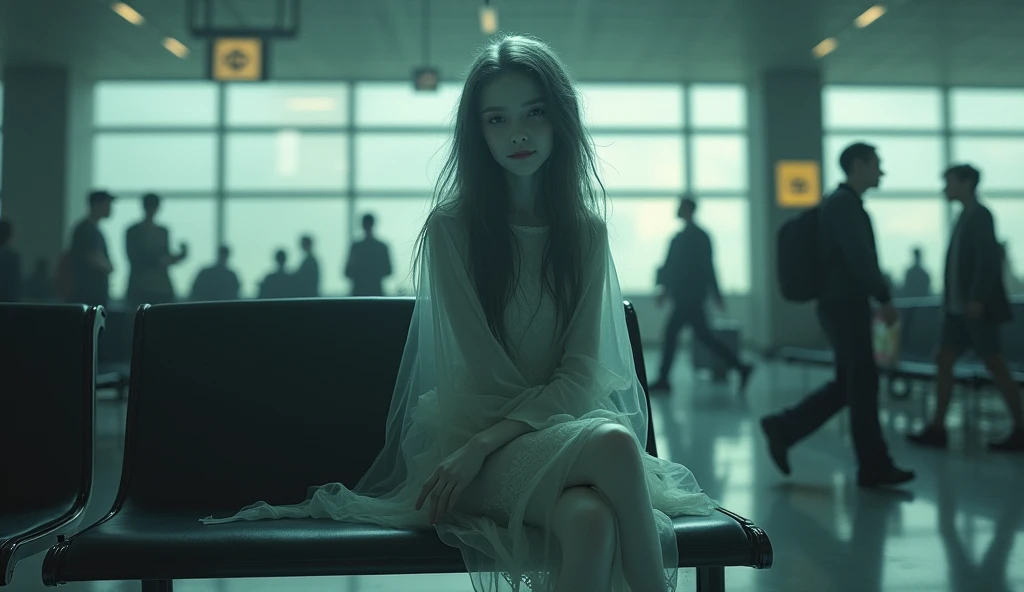 A ghostly girl with an enigmatic expression and a faint smile sitting on a bench at an airport, fading into the hustle and bustle of an airport. A woman's suitcase can also be seen in the background., semi-open, with a dark shadow looming behind her, atmosphere of fear and horror.