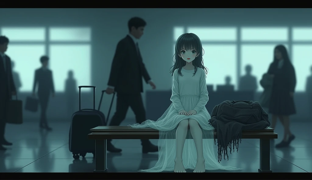 A ghostly girl with an enigmatic expression and a faint smile sitting on a bench at an airport, fading into the hustle and bustle of an airport. A woman&#39;s suitcase can also be seen in the background., semi-open, with a dark shadow looming behind her, atmosphere of fear and horror.