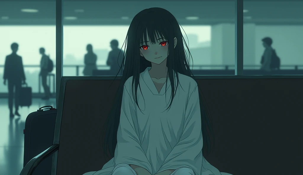 A ghostly girl with an enigmatic expression and a faint smile sitting on a bench at an airport, fading into the hustle and bustle of an airport. A woman&#39;s suitcase can also be seen in the background., semi-open, with a dark shadow looming behind her, atmosphere of fear and horror.
