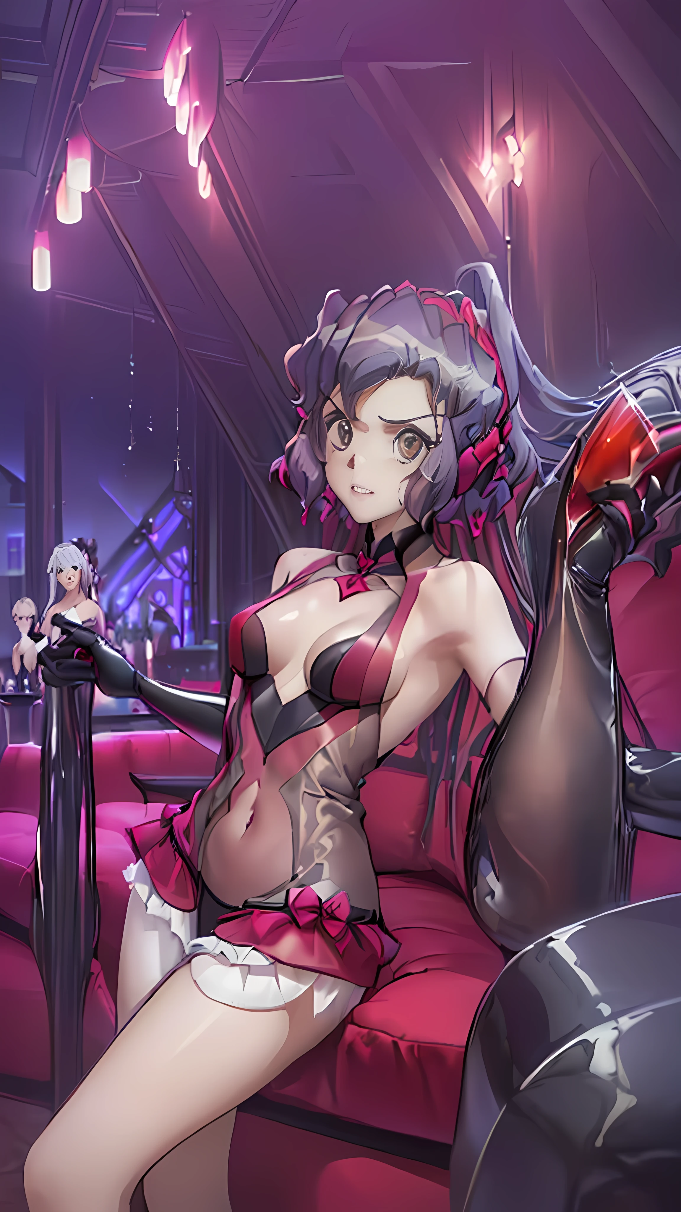 (masterpiece:1.2, Highest quality), Large red velvet sofa、Sexy Beauties、Sexy stand up pause, (Open chest:1.1),((Night Lounge:1.2, Lounge Girl:1.3, Dress up、Luxury nightclubs:1.5, Random cute girls and sexy beauties:1.2, indoor、sexy nightclub:1.5) ,(Three people:1.5)